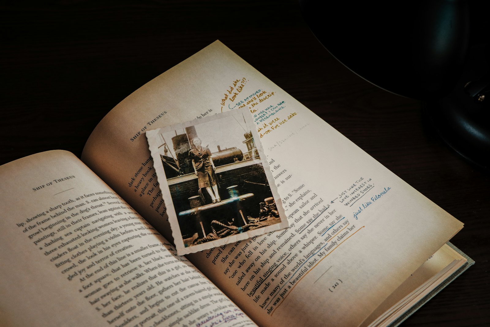 A photograph resting on an open book.